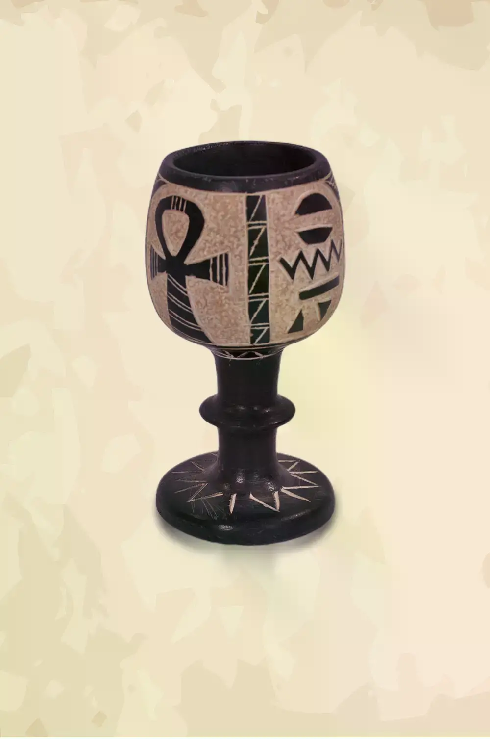 Basalt stone black and white cup with egyptian hieroglyphics